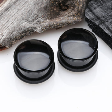 Detail View 1 of A Pair of Black Agate Stone Single Flared Plug with O-Ring
